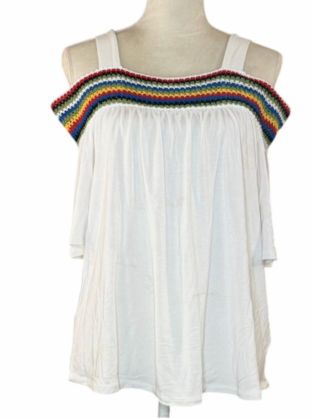 Cha Cha Vente Medium White Cold Shoulder Rainbow Crochet Boho Tunic Top